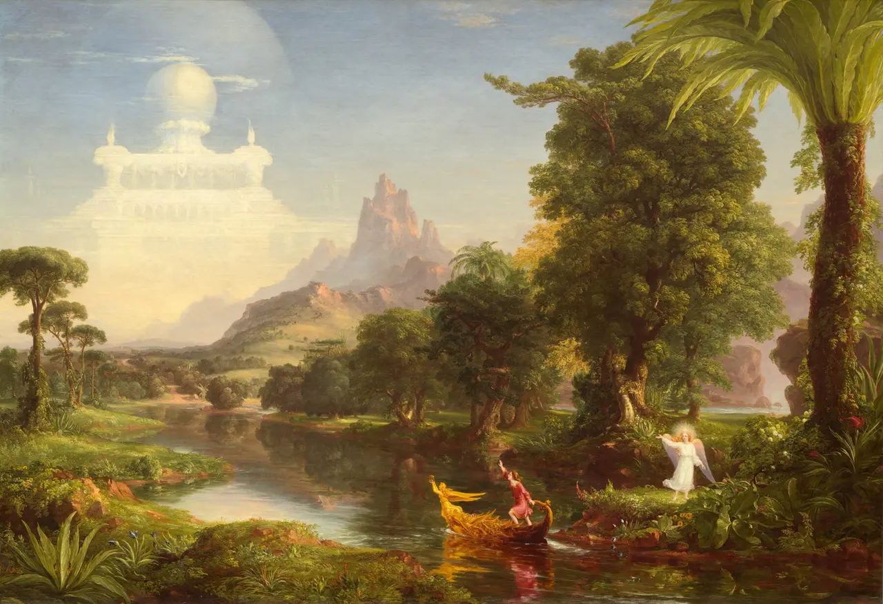 The Voyage of Life: Youth, œuvre de Thomas Cole montrant un jeune voyageur guidant sa barque vers un palais lumineux